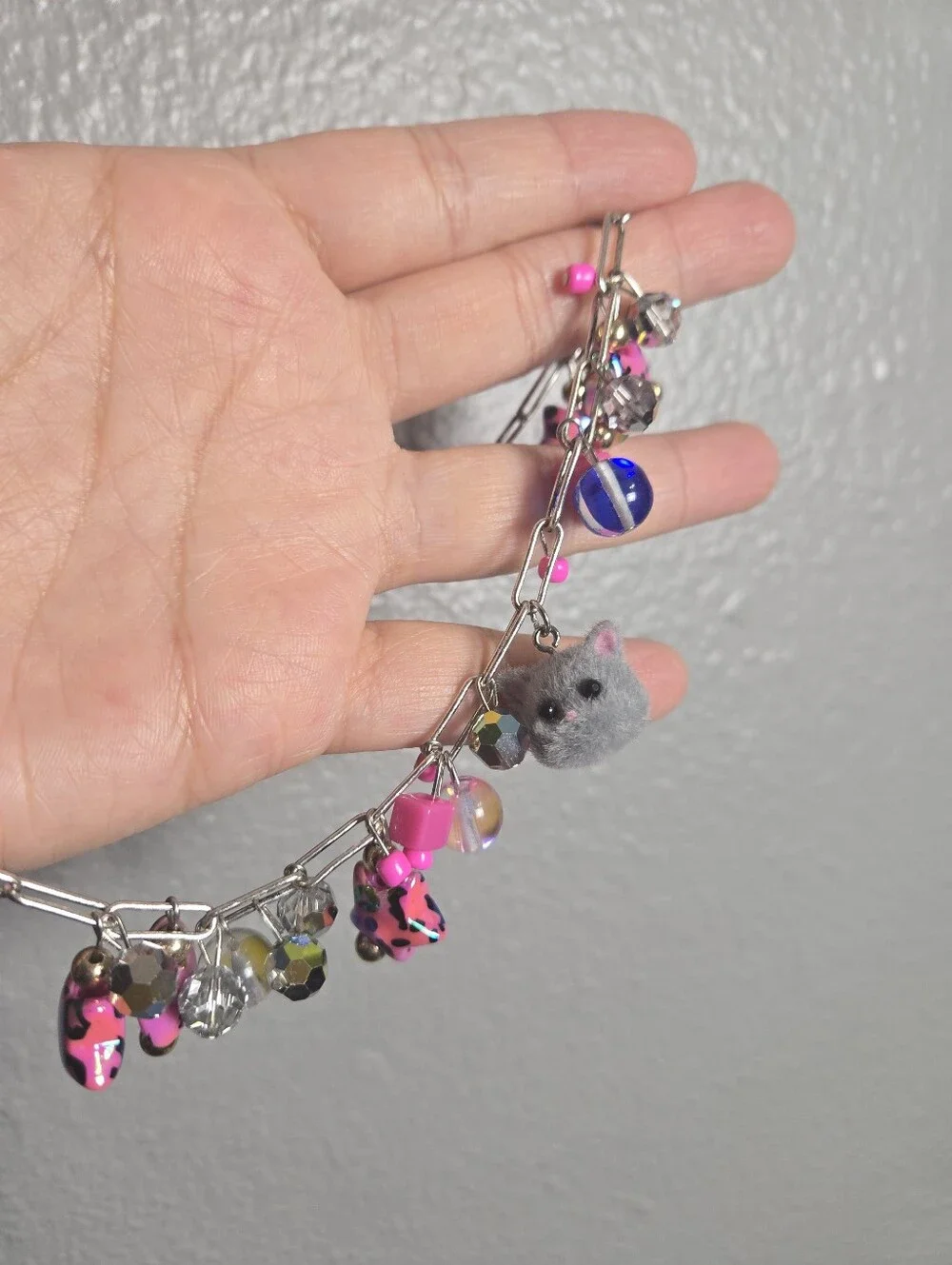 Pink Leopard Charm Necklace with Gray Cat Pendant